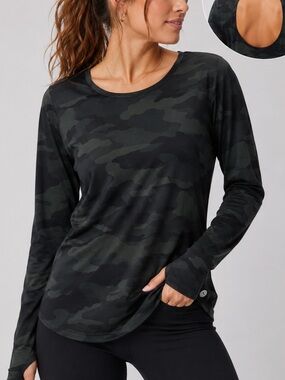 Gottex Dark Camo Long Sleeve Athletic Top | Size Small NWT Cutout Back